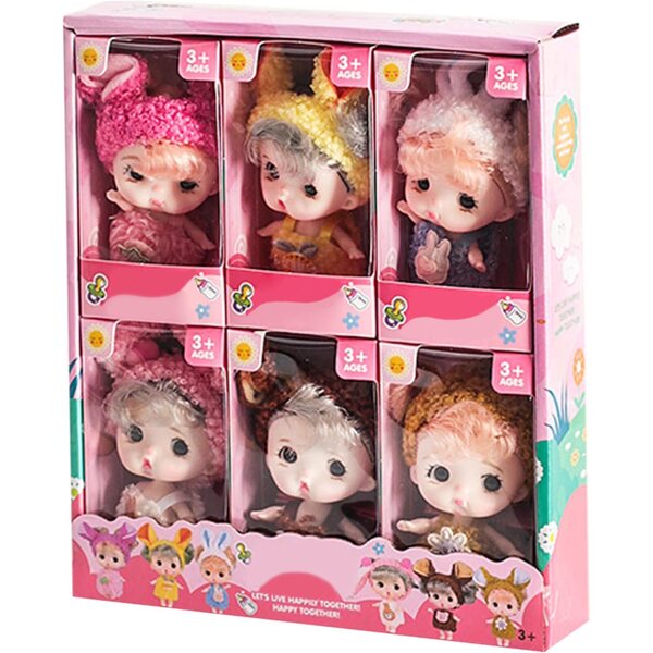 Set mit 6 Mini-Babypuppen 3,15 Zoll mit großen Augen aus realistischem PVC mit Kleidung und Stirnbändern
