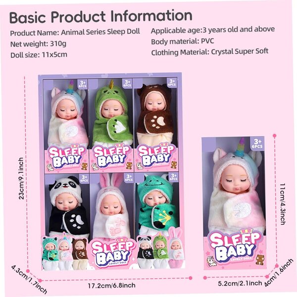 6er-Set Mini-Babypuppen 10,2 cm mit Tierschlafsack – realistische Puppen für Mädchen