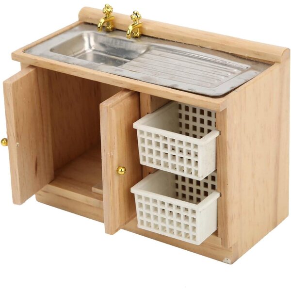 Haofy Miniaturtisch zum Abwaschen von Geschirr aus Birkenholz für Puppenhaus 1/12
