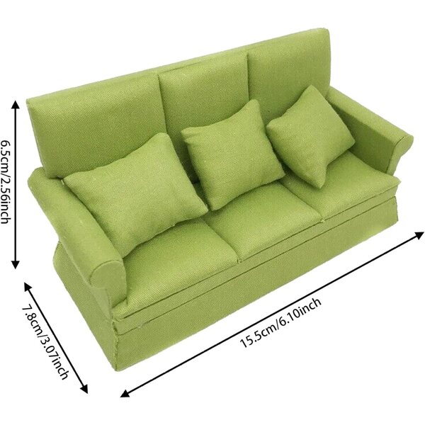 Mini Divano Verde per Casa delle Bambole in Scala 1:12 con 3 Cuscini Rimovibili