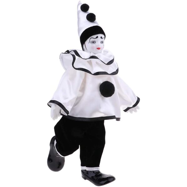 Antiker weißer Clown aus Keramik mit Glasaugen und Glitzeroberflächen zur Dekoration