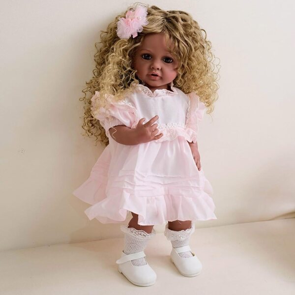 Lonian herboren pop 22 inch full body siliconen-vinyl, donkere huid, krullend haar