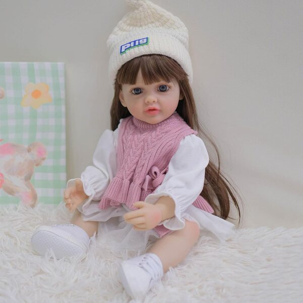 55 cm große realistische Silikonpuppe mit beweglichen Armen und Beinen und langen Haaren