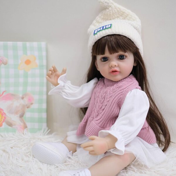 55 cm große realistische Silikonpuppe mit beweglichen Armen und Beinen und langen Haaren