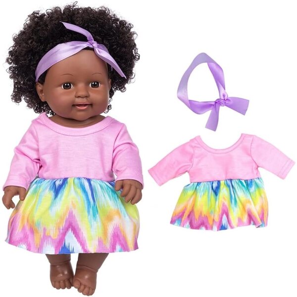 Lonian Afrikanische Puppe 30 cm aus realistischem weichem Vinyl mit Kleid