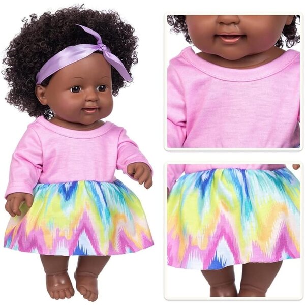 Lonian Afrikanische Puppe 30 cm aus realistischem weichem Vinyl mit Kleid