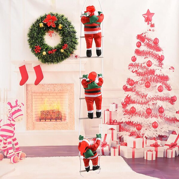 Babbo Natale Scala Decorazione Natalizia 30 cm in Panno Morbido con Corda