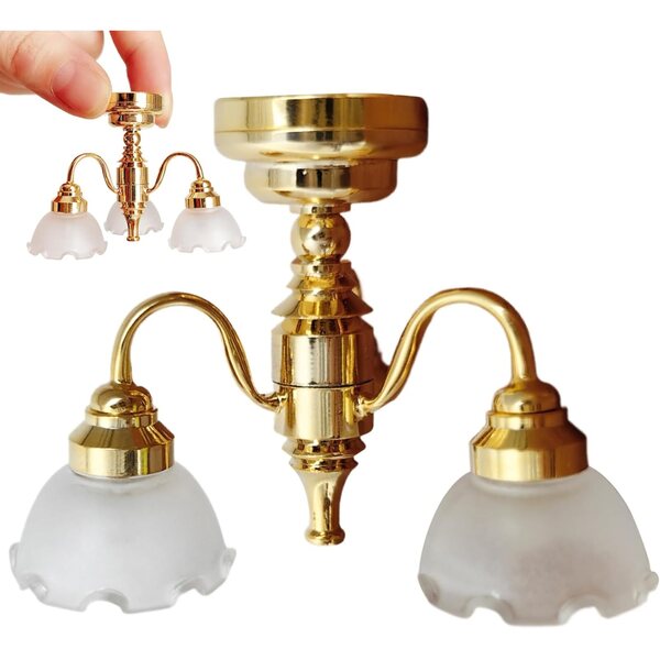 Lampadario mini 3 teste per casa delle bambole 1:12 in vetro e metallo a batteria