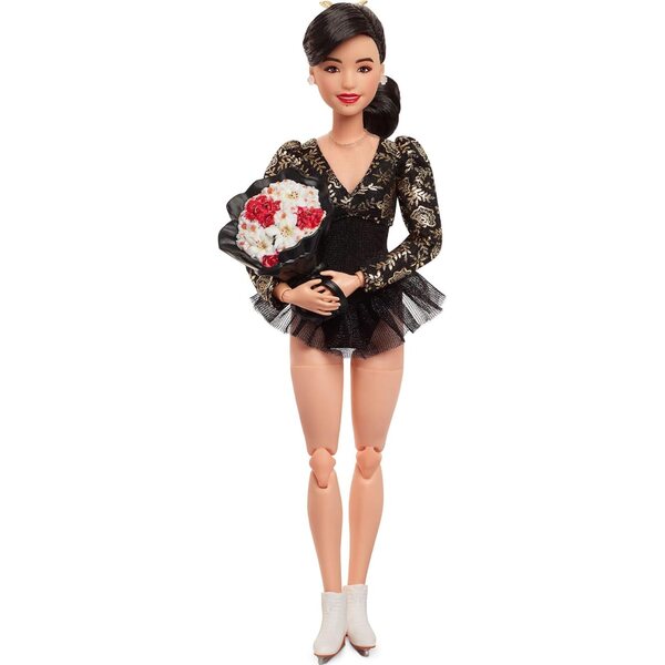 Barbie Kristi Yamaguchi 1992 Sammlerpuppe in schwarzgoldenem Kostüm und weißen Schlittschuhen