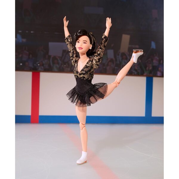 Barbie Kristi Yamaguchi 1992 Sammlerpuppe in schwarzgoldenem Kostüm und weißen Schlittschuhen