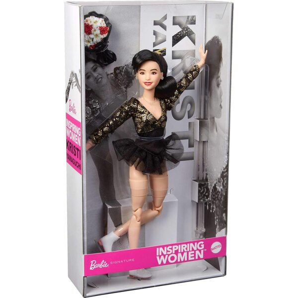 Barbie Kristi Yamaguchi 1992 Sammlerpuppe in schwarzgoldenem Kostüm und weißen Schlittschuhen