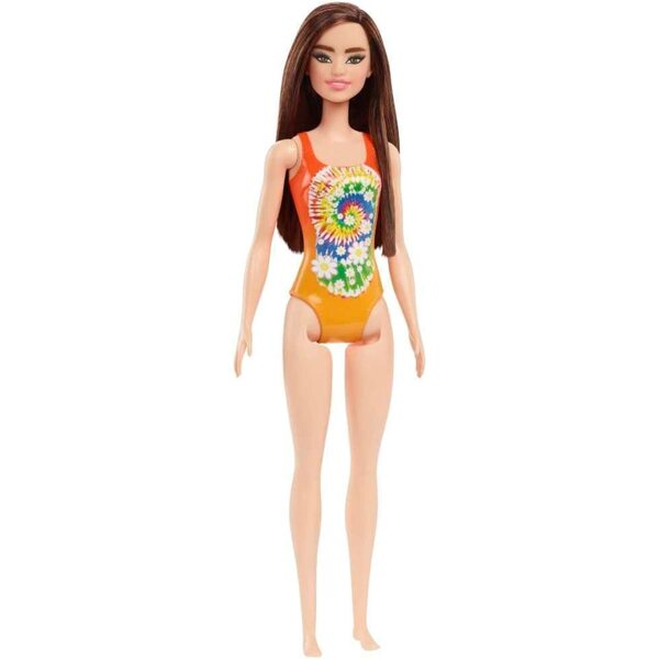 Barbie-Strandpuppe mit buntem Batik-Badeanzug – HDC49