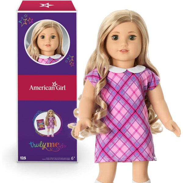 American Girl Truly Me 18-Zoll-Puppe mit grünen Augen und lockigen blonden Haaren
