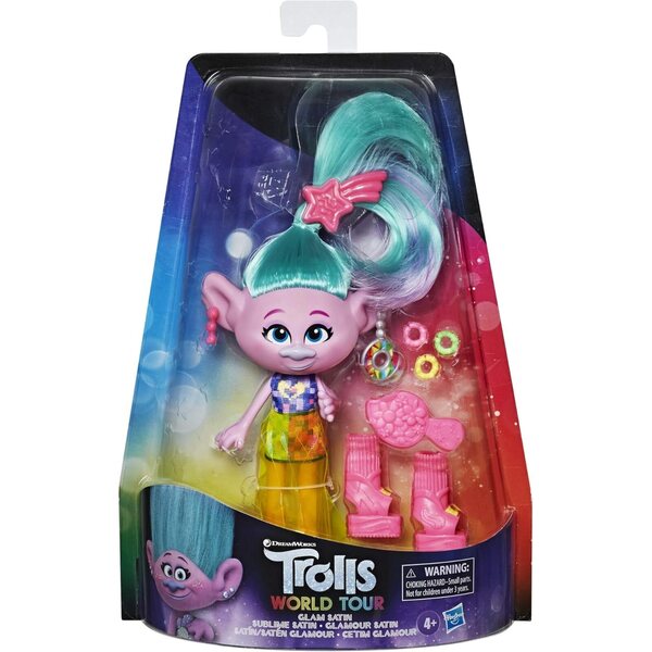 DreamWorks Trolls Glamour Satin con abito, scarpe e accessori, bambola per bambini 4+