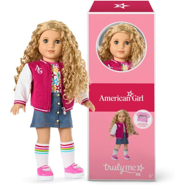 American Girl Truly Me Puppe mit grauen Augen und lockigem blonden Haar, College-Jacke