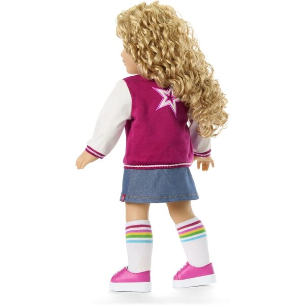 American Girl Truly Me Puppe mit grauen Augen und lockigem blonden Haar, College-Jacke