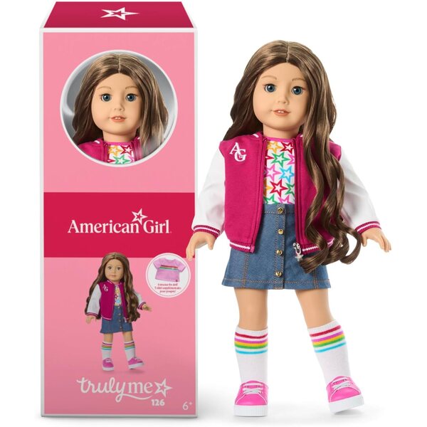 American Girl Truly Me 18-Zoll-Puppe mit blauen Augen, welligem Haar und komplettem Outfit