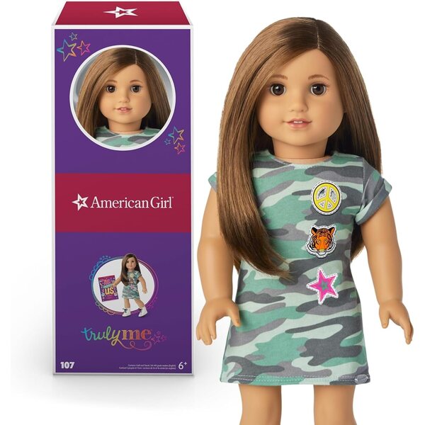 American Girl Truly Me 18-Zoll-Puppe mit braunen Augen und Tarnoutfit