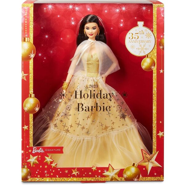 Barbie Holiday 2023 im eleganten goldenen Kleid, 35-jährige Jubiläumsausgabe