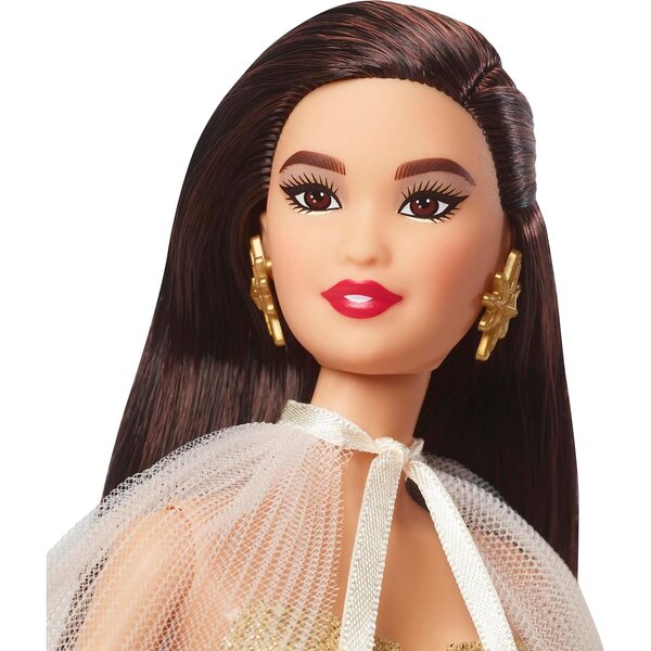 Barbie Holiday 2023 im eleganten goldenen Kleid, 35-jährige Jubiläumsausgabe