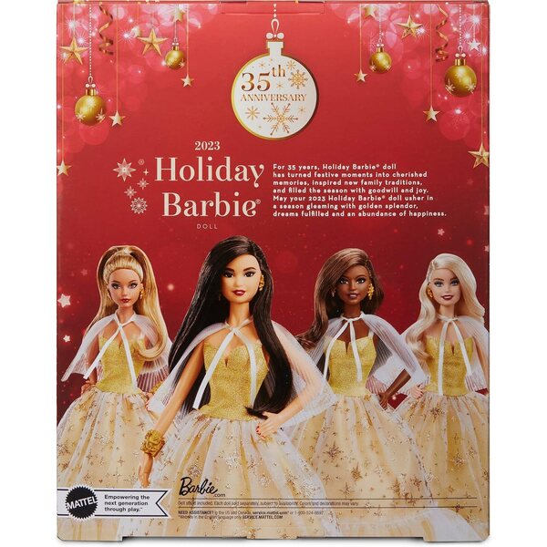 Barbie Holiday 2023 im eleganten goldenen Kleid, 35-jährige Jubiläumsausgabe