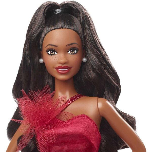 Barbie 2022 Holiday Doll in rotem Kleid mit Details, die von Osterblüten inspiriert sind