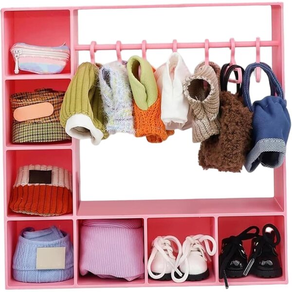 Armadio per Bambole in plastica con grucce e asta Organizzatore salvaspazio 6x6x1,5 cm