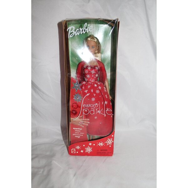 Barbie Seasons Sparkle 2001 im eleganten roten Kleid mit Schneeflocken