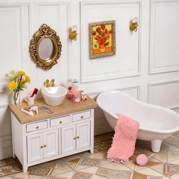 DIYDEC Casa delle bambole Bagno Set in legno 1:12 - Mobili per dollhouse