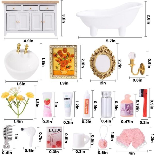 DIYDEC Casa delle bambole Bagno Set in legno 1:12 - Mobili per dollhouse