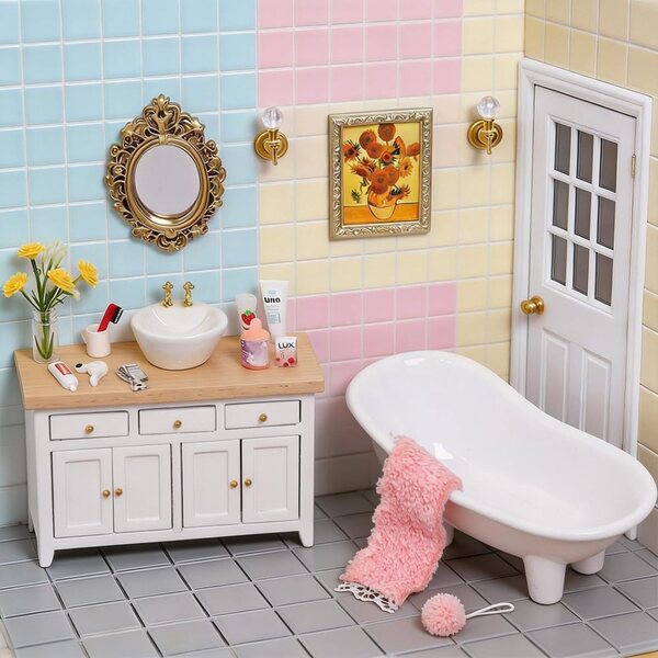 DIYDEC Casa delle bambole Bagno Set in legno 1:12 - Mobili per dollhouse