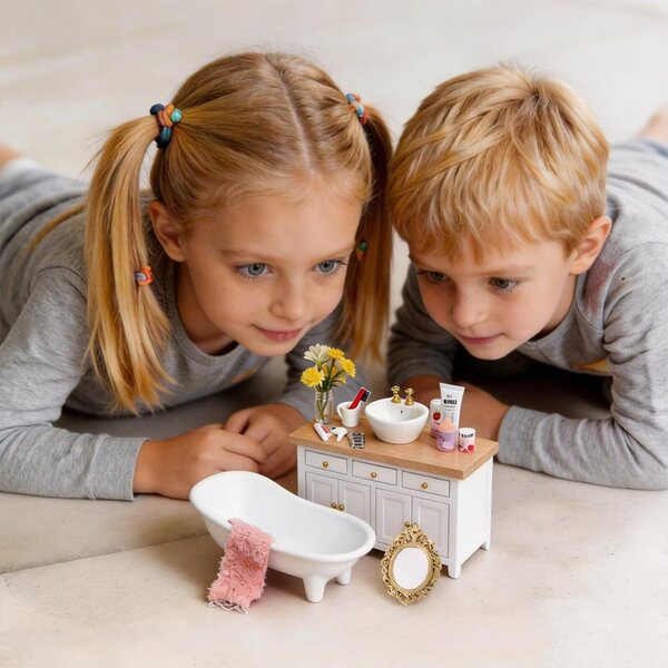 DIYDEC Casa delle bambole Bagno Set in legno 1:12 - Mobili per dollhouse