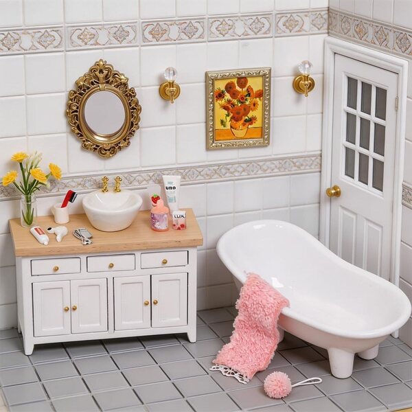 DIYDEC Casa delle bambole Bagno Set in legno 1:12 - Mobili per dollhouse
