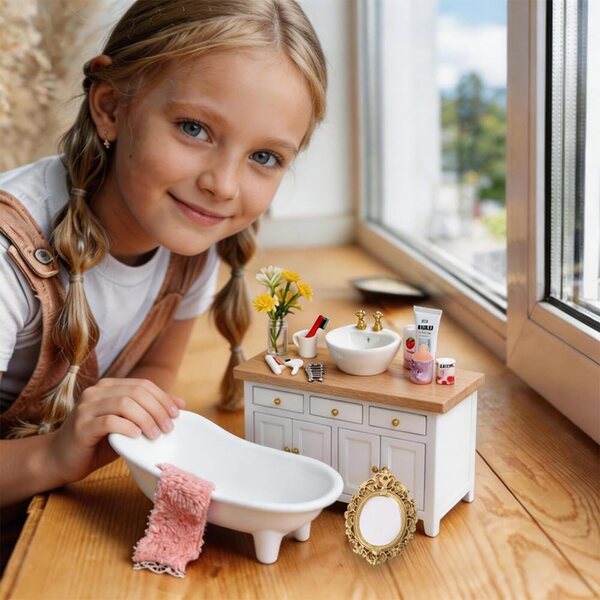 DIYDEC Casa delle bambole Bagno Set in legno 1:12 - Mobili per dollhouse