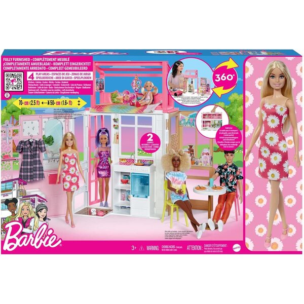 Casa delle Bambole Barbie con 4 Aree di Gioco, Arredamento Completo e Accessori