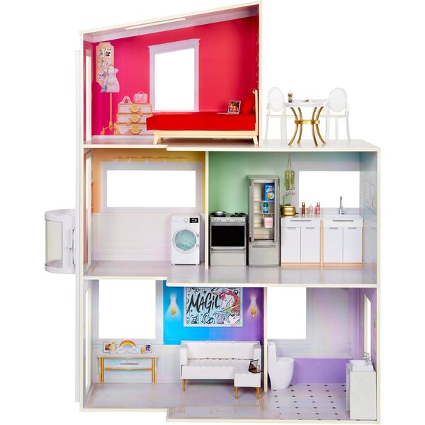 Rainbow High Townhouse: Casa delle bambole in legno a 3 piani con 5 camere colorate e ascensore