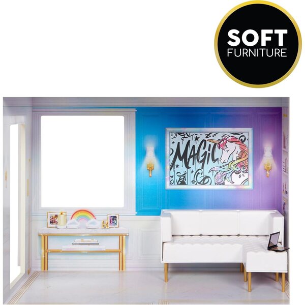 Rainbow High Townhouse: Casa delle bambole in legno a 3 piani con 5 camere colorate e ascensore