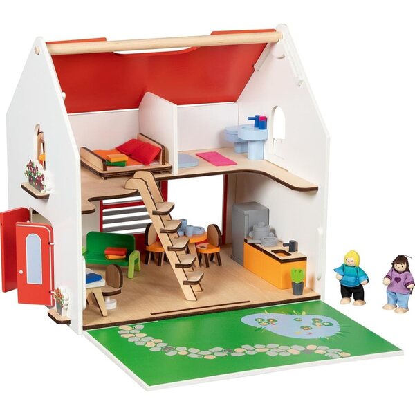 goki CityLife tragbares Puppenhaus aus Holz mit 54 Teilen, komplett mit Möbeln und Puppen