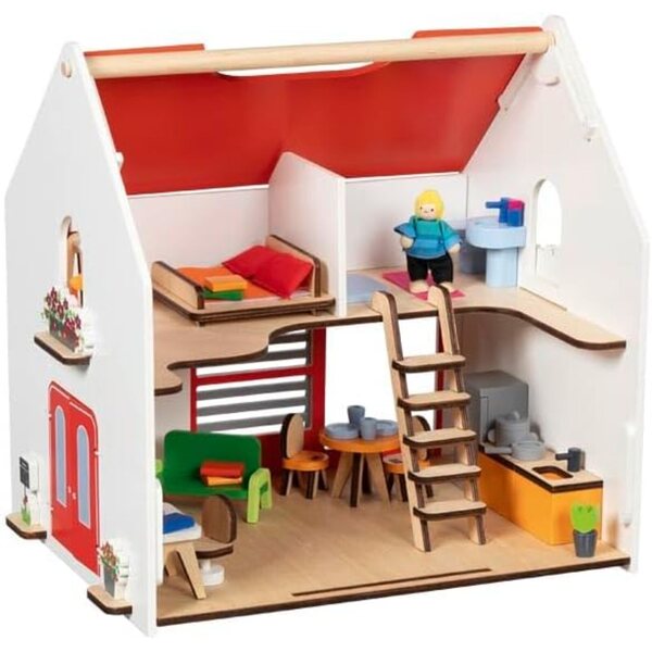 goki CityLife tragbares Puppenhaus aus Holz mit 54 Teilen, komplett mit Möbeln und Puppen