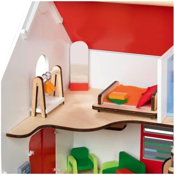goki CityLife tragbares Puppenhaus aus Holz mit 54 Teilen, komplett mit Möbeln und Puppen