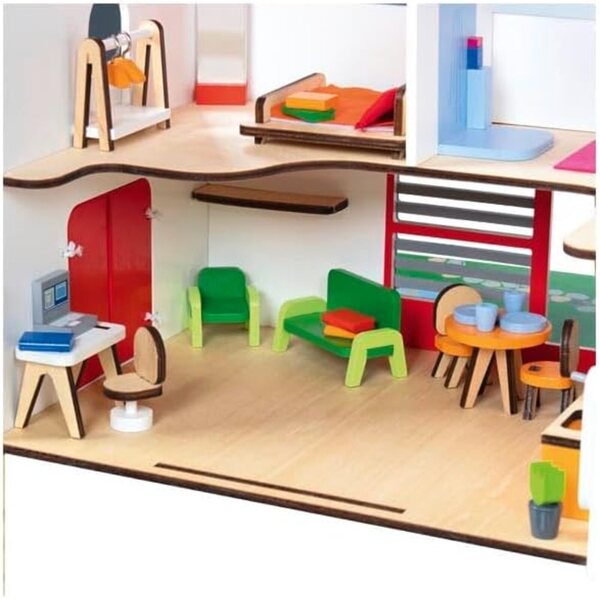 goki CityLife tragbares Puppenhaus aus Holz mit 54 Teilen, komplett mit Möbeln und Puppen