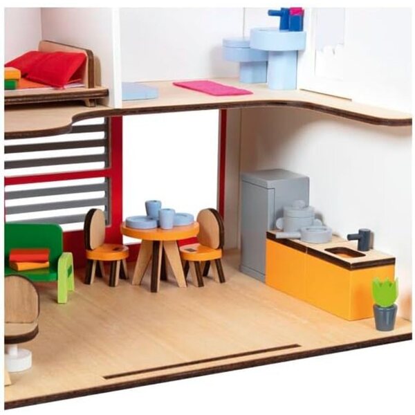 goki CityLife tragbares Puppenhaus aus Holz mit 54 Teilen, komplett mit Möbeln und Puppen