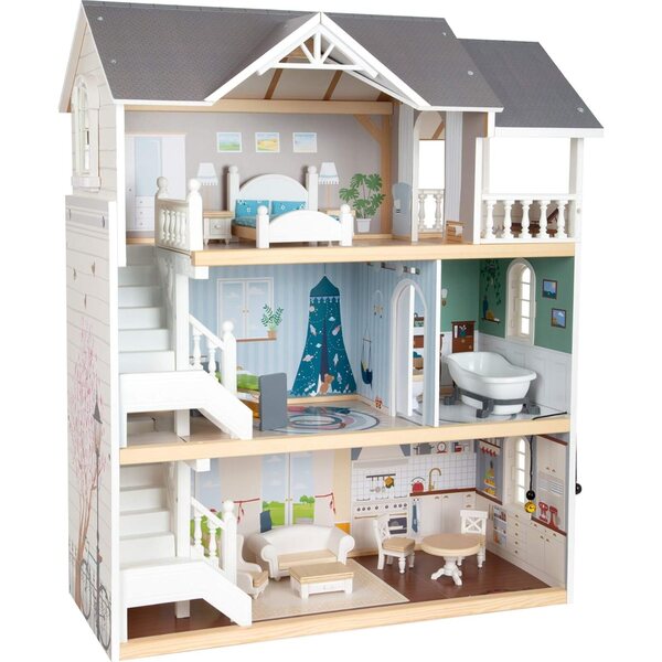 Small Foot Casa delle Bambole in Legno a 3 Piani con 12 Mobili, per Bambini 3+