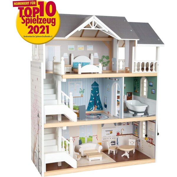 Small Foot 3-stöckiges Puppenhaus aus Holz mit 12 Möbeln, für Kinder ab 3 Jahren