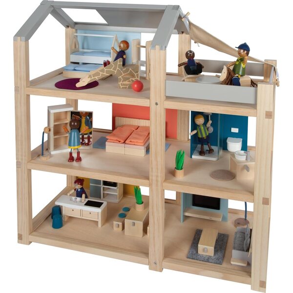 Grande casa delle bambole in legno naturale small Foot 3 piani con mobili e terrazza
