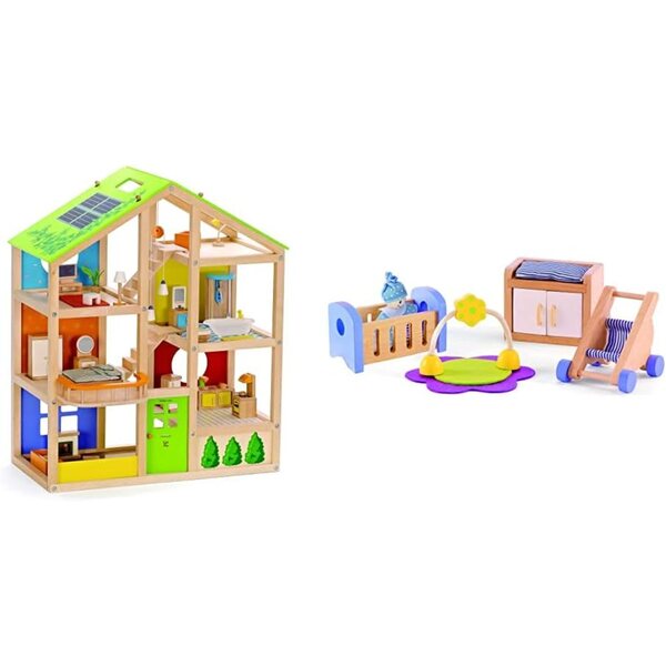 Casa delle bambole Hape quattro stagioni con mobili e accessori per la cameretta dei bambini in legno ecologico