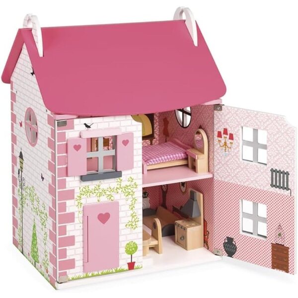 Casa delle Bambole in Legno Janod Mademoiselle 3 Piani con 11 Accessori Rosa
