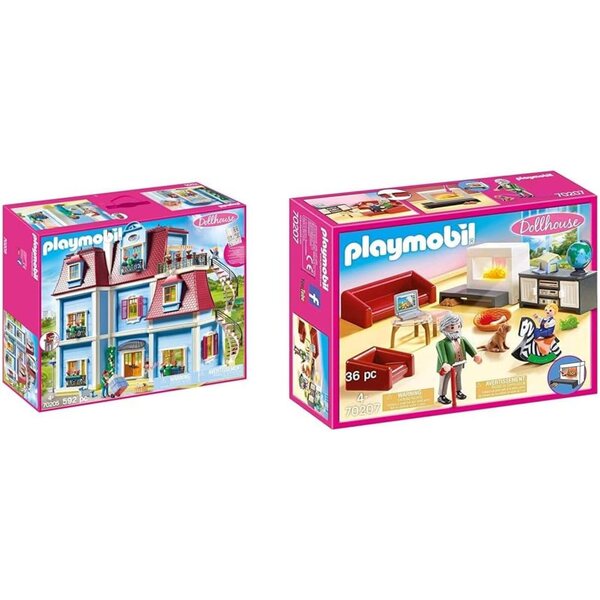 PLAYMOBIL Dollhouse 70205 Grande Casa delle Bambole e 70207 Salotto Accogliente con Luci