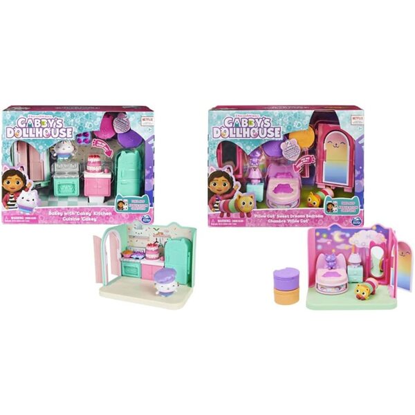 Gabby's Dollhouse Deluxe Raum: Backküche und Sweet Dreams Schlafzimmer mit Puppen und Zubehör