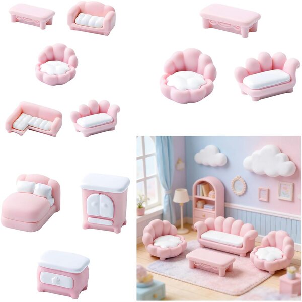 Miniatur-Wohnzimmer- und Schlafsofa-Set aus Kunstharz für Puppenhäuser und kreative Hobbys